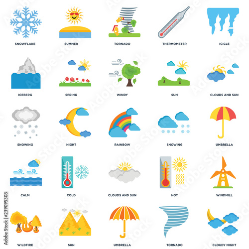 Set Of 25 icons such as Cloudy night, Tornado, Umbrella, Sun, Wildfire, Clouds and sun, Snowing, Calm, Iceberg, Summer icon