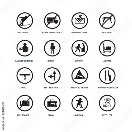 Set Of 16 icons such as Keep Left, Skating, Radio ghettoblaster, No Luggage, Narrow Right Lane, Skiing, Allowed drinking, T road intersection, Seating icon