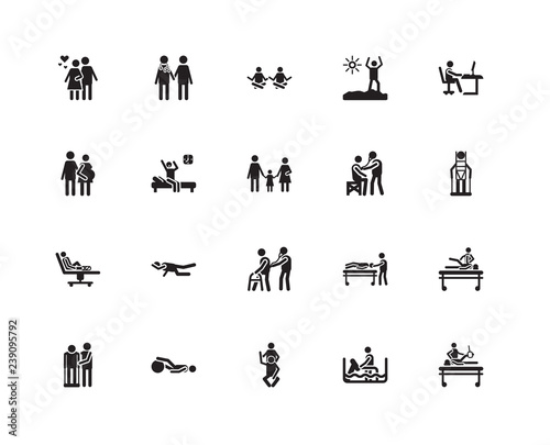 Simple Set of 20 Vector Icon. Contains such Icons as Recovery, Rehabilitation, Workplace, Wake up, Doctor, Physiotherapy, Family. Editable Stroke pixel perfect