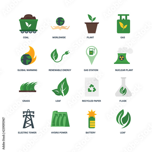 Set Of 16 icons such as Leaf, Battery, Hydro power, Electric tower, Flask, Coal, Global warming, Grass, Gas station icon
