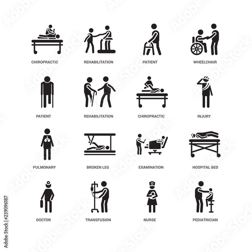 Simple Set of 16 Vector Icon. Contains such Icons as Pediatrician, Rehabilitation, Chiropractic, undefined, Hospital bed, Broken leg, Rehabilitation. Editable Stroke pixel perfect