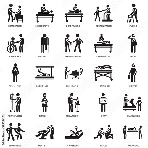 Simple Set of 25 Vector Icon. Contains such Icons as Paramedic, Doctor, Injury, Chiropractic, Broken leg, Patient, X ray, Pulmonary. Editable Stroke pixel perfect