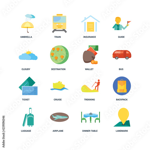 Set Of 16 icons such as Landmark, Dinner table, Airplane, Luggage, Backpack, Umbrella, Cloudy, Ticket, Wallet icon