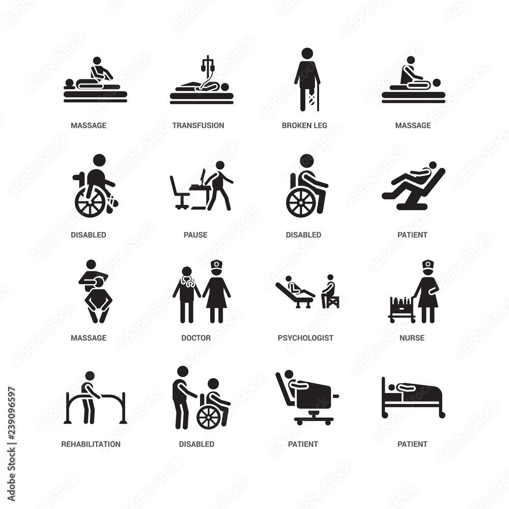 Simple Set of 16 Vector Icon. Contains such Icons as Patient, Pause, Massage, undefined, Nurse, Doctor, Transfusion. Editable Stroke pixel perfect Simple Set of 16 Vector Icon. Contains such Icons as Patient, Pause, Massage, undefined, Nurse, Doctor, Transfusion. Editable Stroke pixel perfect
