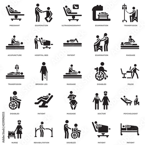 Simple Set of 25 Vector Icon. Contains such Icons as Patient, Pause, Massage, Examination, Nurse, Hospital bed, Doctor, Transfusion. Editable Stroke pixel perfect