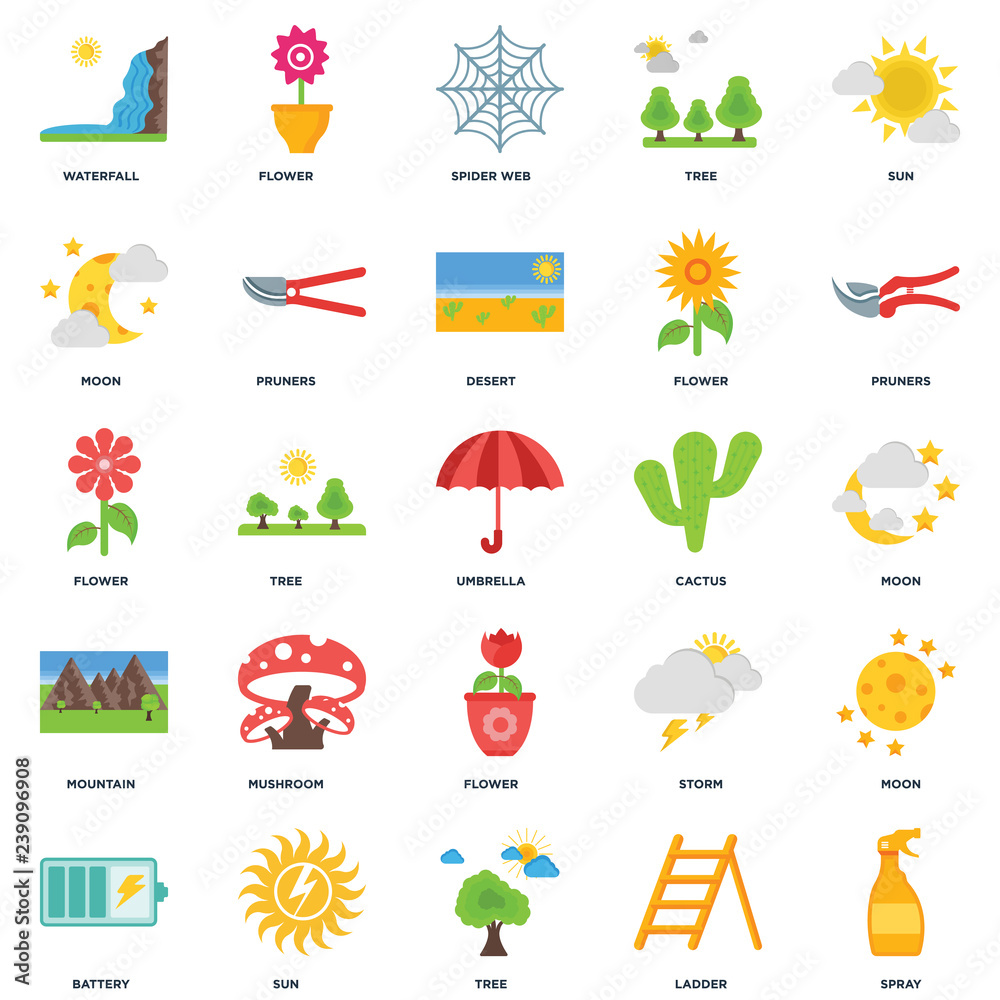 Set Of 25 icons such as Spray, Ladder, Tree, Sun, Battery, Pruners, Cactus, Flower, Mountain, Moon, Spider web, Flower icon Set Of 25 icons such as Spray, Ladder, Tree, Sun, Battery, Pruners, Cactus, Flower, Mountain, Moon, Spider web, Flower icon