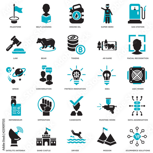 Simple Set of 25 Vector Icon. Contains such Icons as ecommerce solutions, Asic miner, Facial recognition, Self learning, Satelite antenna, Bear, Painting work, Space. Editable Stroke pixel perfect