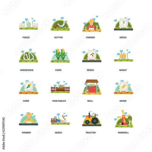 Set Of 16 icons such as Windmill, Tractor, Seeds, Farmer, Grain, Fence, Horseshoe, Corn, Seeds icon