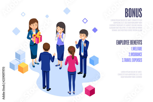 Annual Bonus of employees.Lady boss take care and Thank you staff web and poster design concept.