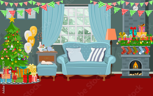 Christmas interiors of the living room with window, Christmas tree, gifts, balloons and decorated fireplace. Happy new year celebration. Merry Christmas holiday. Simple flat design vector illustration