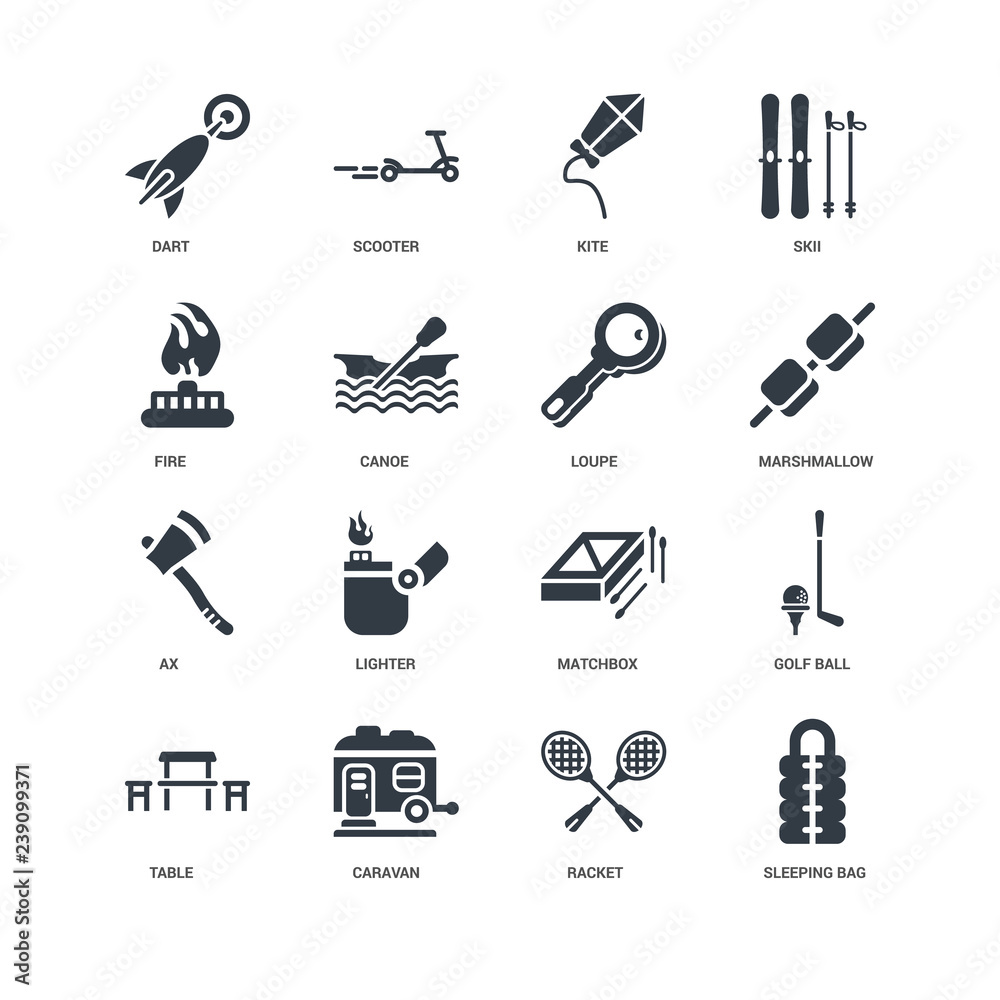 Simple Set of 16 Vector Icon. Contains such Icons as Sleeping bag, Racket, Caravan, Table, Golf ball, Dart, Fire, Ax, Loupe, undefined, undefined. Editable Stroke pixel perfect