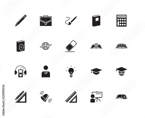 Set Of 20 icons such as Time to have a break, Open book, Calculator, eBook, square, Office briefcase, Graduation cap, icon pack