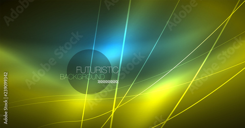 Neon glowing magic background, neon banner, night sky wallpaper. Magic light effect. Christmas abstract pattern.