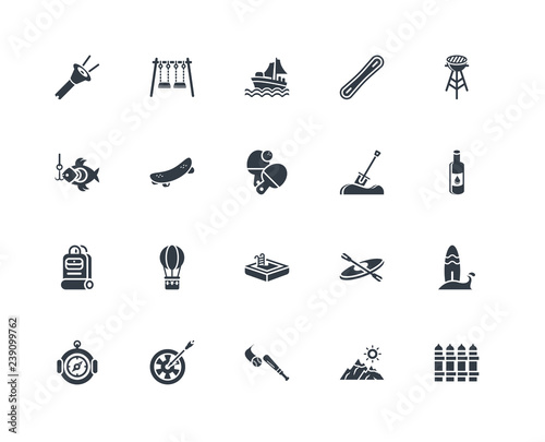 Simple Set of 20 Vector Icon. Contains such Icons as Fence, Mountain, Baseball, Dartboard, Compass, Barbacue, Shovel, Swimming pool, Backpacks, Skate, Boat. Editable Stroke pixel perfect photo