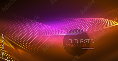 Abstract shiny glowinng color wave design element on dark background - science or technology concept