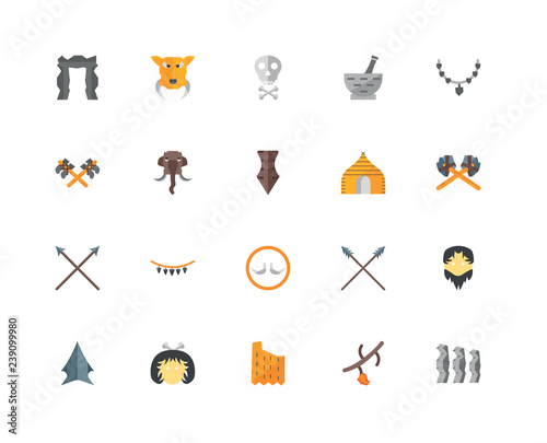 20 icons related to Obelisk, Fire, Clothes, Woman, Prehistoric, Necklace, Tent, Mammoth, Spear, Skull signs. Vector illustration isolated on white background.