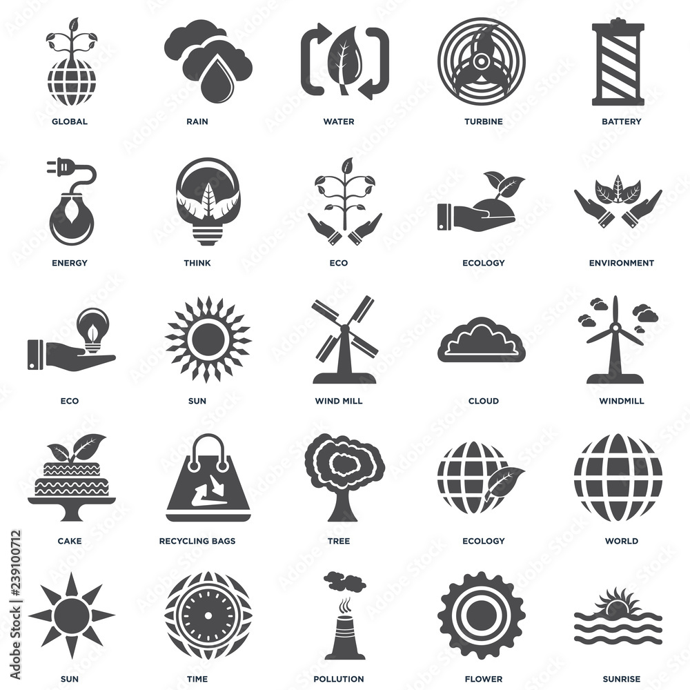 Set Of 25 icons such as Sunrise, Flower, Pollution, Time, Sun, Environment, Cloud, Tree, Cake, energy, Water, Rain icon