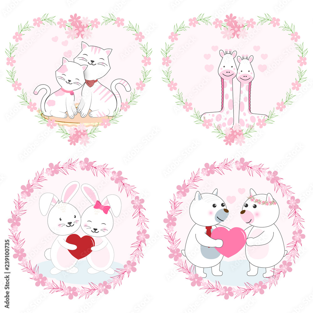Set of cute animal character and lace frame, valentine's day illustration
