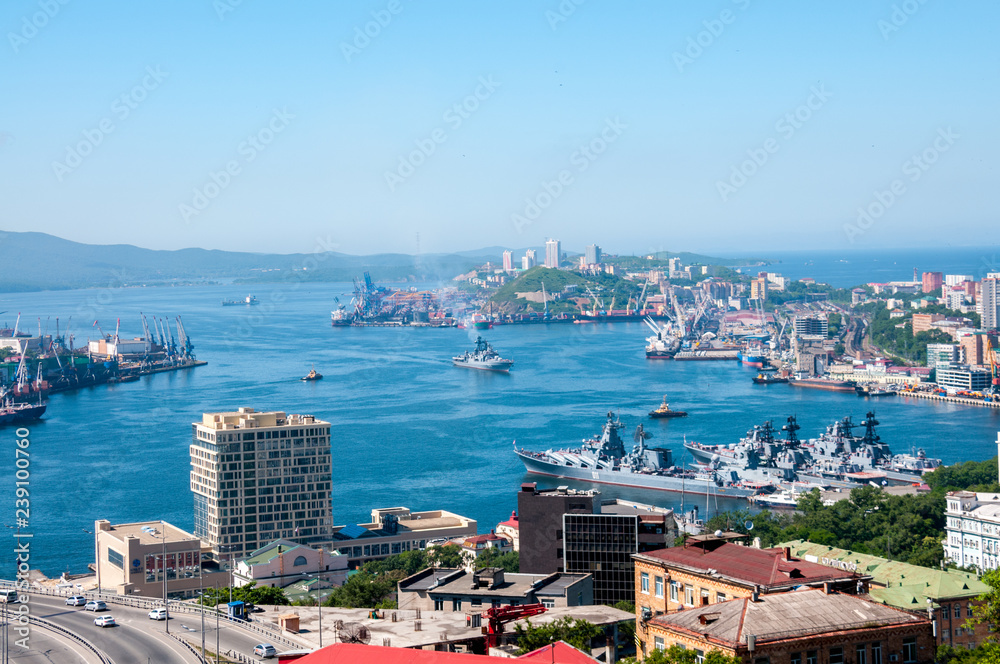 Russia, Vladivostok, July 2018: view of Golden Horn Bay in city of Vladivostok in summer