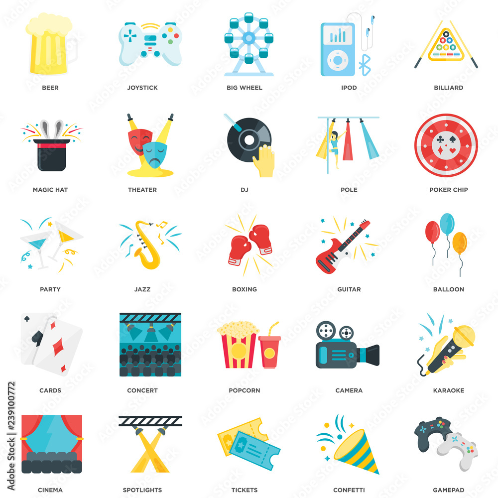 Simple Set of 25 Vector Icon. Contains such Icons as Gamepad, Confetti, Tickets, Spotlights, Cinema, Poker chip, Guitar, Popcorn, Cards, Magic hat, Big wheel, Joystick. Editable Stroke pixel perfect