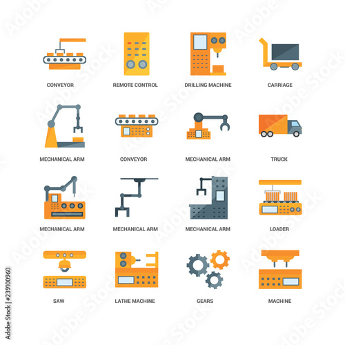 16 icons related to Machine, Conveyor, undefined, Loader, Mechanical arm, Remote control signs. Vector illustration isolated on white background.