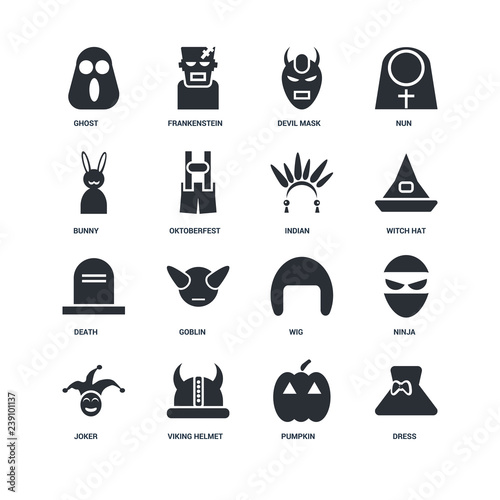 Set Of 16 icons such as Dress, Pumpkin, Viking helmet, Joker, Ninja, Ghost, Bunny, Death, Indian icon