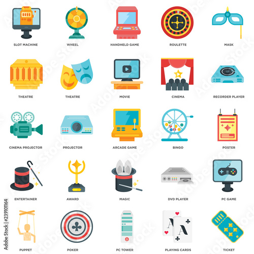 Simple Set of 25 Vector Icon. Contains such Icons as Ticket, Poster, Recorder player, Wheel, Puppet, Theatre, Dvd Cinema projector. Editable Stroke pixel perfect
