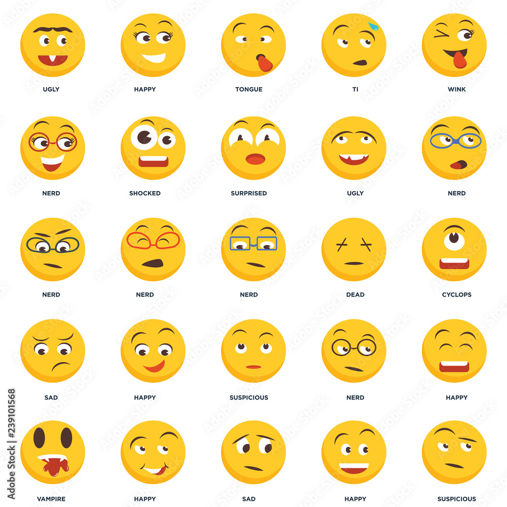 Set Of 25 icons such as Suspicious, Happy, Sad, Vampire, Nerd, Dead, Tongue, Happy icon Set Of 25 icons such as Suspicious, Happy, Sad, Vampire, Nerd, Dead, Tongue, Happy icon