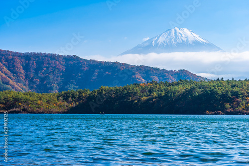 Beautiful landscape of mountain fuji with maple leaf tree around lake © siraphol