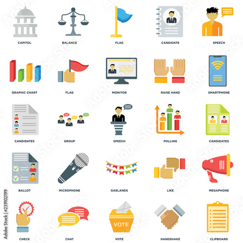 Set Of 25 icons such as Clipboard, Handshake, Vote, Chat, Check, Smartphone, Polling, Garlands, Ballot, Graphic chart, Flag, Balance icon