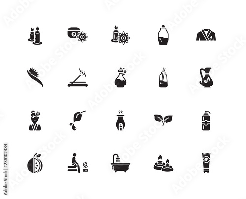 Simple Set of 20 Vector Icon. Contains such Icons as Body Lotion, Oil, Bathrobe, Fruit, Cream, Leaf, Hairbrush. Editable Stroke pixel perfect