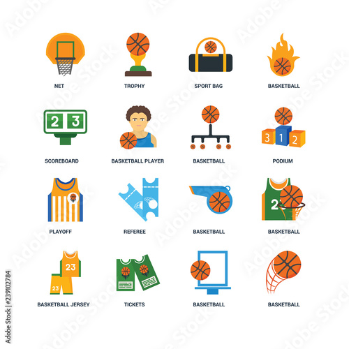 Set Of 16 icons such as Basketball, Tickets, Basketball jersey, Net, Scoreboard, Playoff, icon
