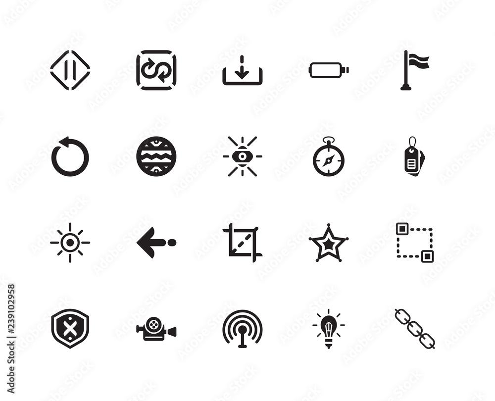 Simple Set of 20 Vector Icon. Contains such Icons as Chains, Tag, Flag, Battery, No protection, Double Arrows, Star, Circular arrow. Editable Stroke pixel perfect Simple Set of 20 Vector Icon. Contains such Icons as Chains, Tag, Flag, Battery, No protection, Double Arrows, Star, Circular arrow. Editable Stroke pixel perfect