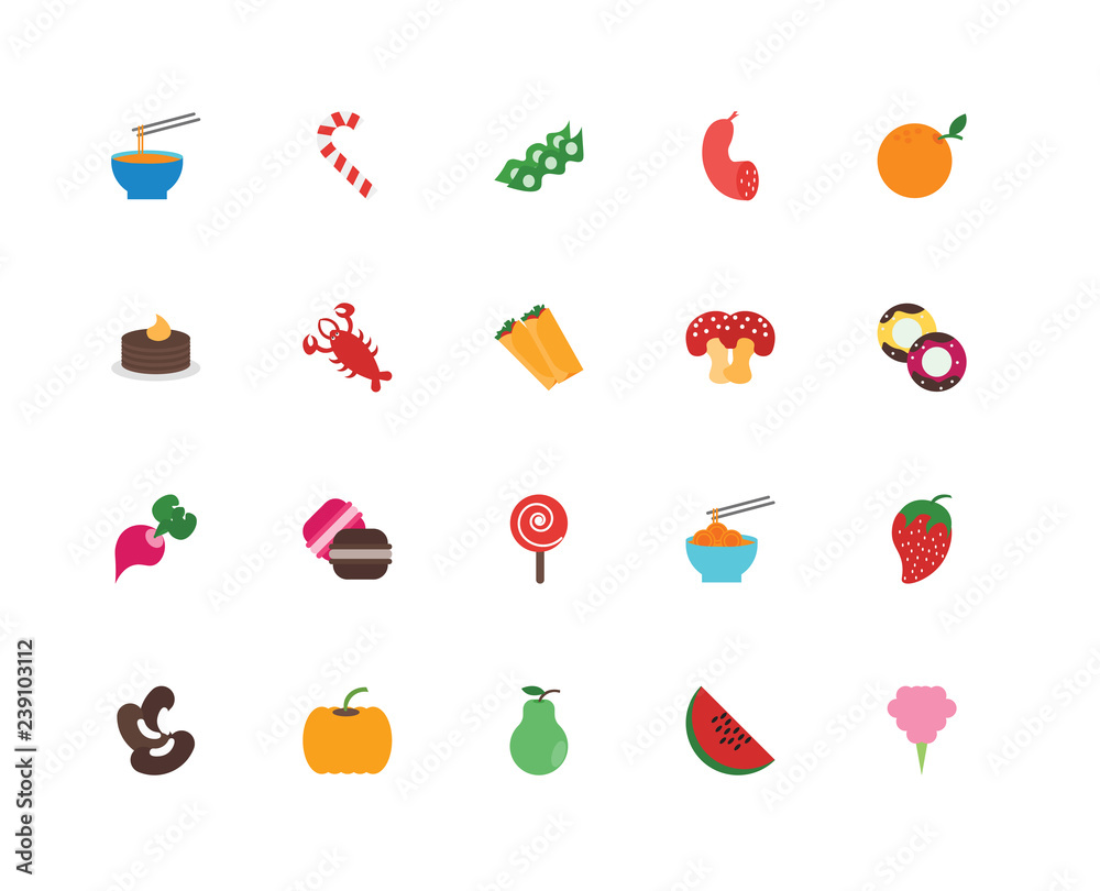 Set Of 20 icons such as Cotton candy, Watermelon, Pear, Pumpkin, Beans, Orange, Mushroom, Lollipop, Radish, Lobster, Soya, icon pack