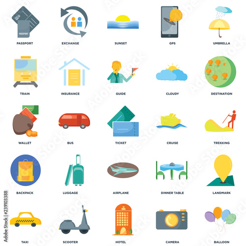 Set Of 25 icons such as Balloon, Camera, Hotel, Scooter, Taxi, Destination, Cruise, Airplane, Backpack, Train, Sunset, Exchange icon
