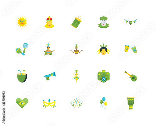 Simple Set of 20 Vector Icon. Contains such Icons as Drum, Balloons, Fireworks, Mask, Brazil, Flags, Dancer, Cocktail, Drum. Editable Stroke pixel perfect