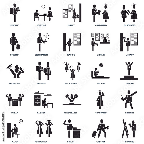 Set Of 25 icons such as Drawing, Check in, Swear, Graduated, Piano, Library, Reading, Cheerleader, Student, Studying icon