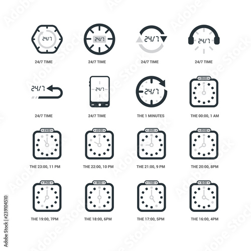 Simple Set of 16 Vector Icon. Contains such Icons as The 16:00, 4pm, 24/7 time, undefined, 20:00, 8pm, 22:00, 10 pm, time. Editable Stroke pixel perfect