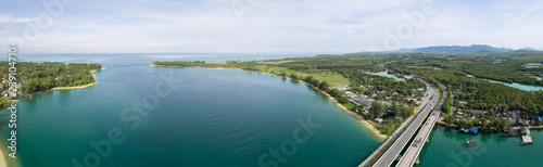 Panorama image Aerial drone shot of bridge with beautiful landscape nature view at phuket thailand