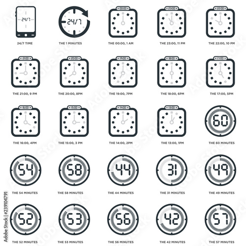 Simple Set of 25 Vector Icon. Contains such Icons as The 22 00  10 pm  42 minutes  17 00  5pm  53 52 49 15 00  3 pm. Editable Stroke pixel perfect