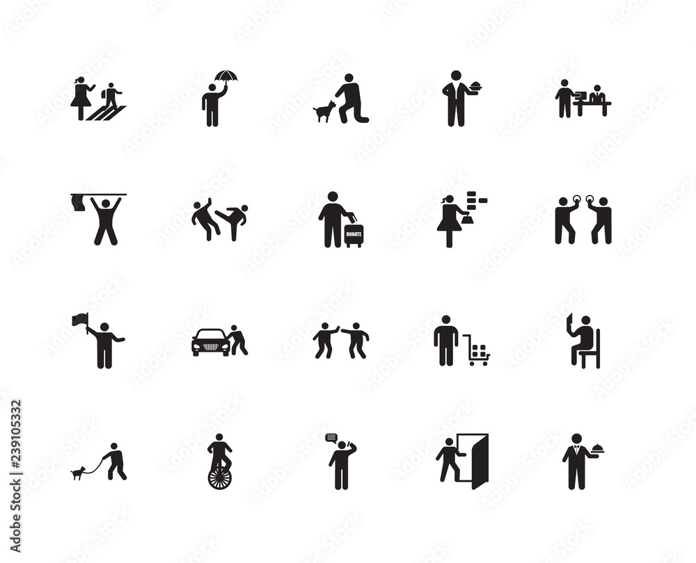 Set Of 20 icons such as Waiter, Entrance, Phone call, Unicycle, Set Of 20 icons such as Waiter, Entrance, Phone call, Unicycle,