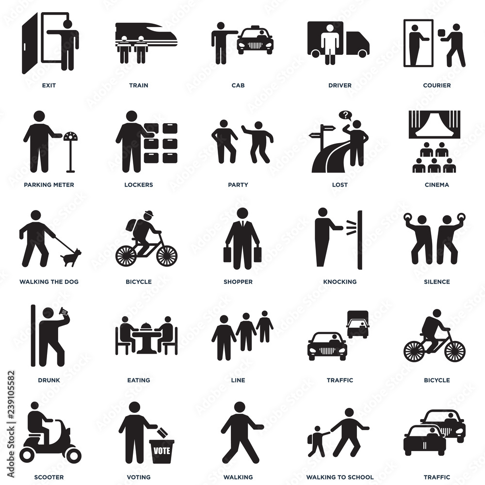 Set Of 25 icons such as Traffic, Walking to school, Walking, Voting, Scooter, Cinema, Knocking, Line, Drunk, Parking meter, Cab, Train icon Set Of 25 icons such as Traffic, Walking to school, Walking, Voting, Scooter, Cinema, Knocking, Line, Drunk, Parking meter, Cab, Train icon