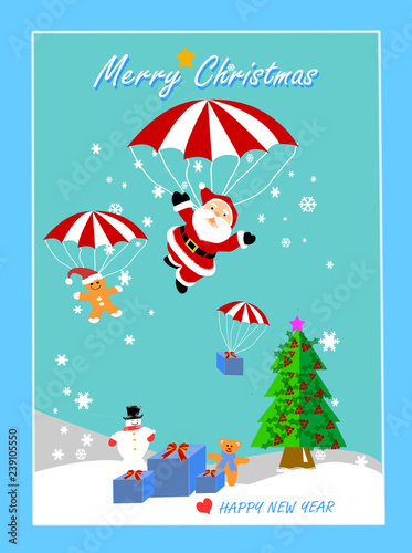Santa Claus and friends flying with parachute in the sky  at Christmas time with snow,wallpaper,greeting. photo