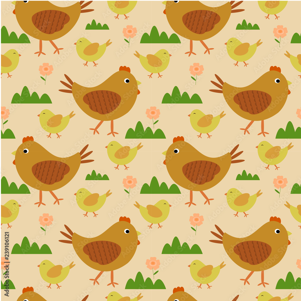 Fototapeta premium Seamless pattern walking hen and chickens 
