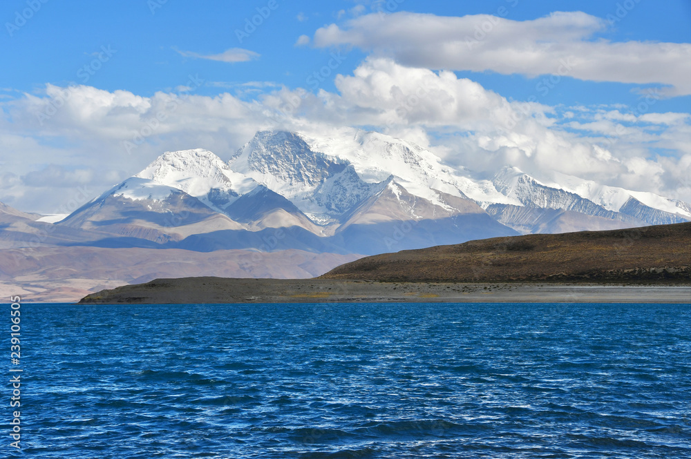  Holy Rakshas Tal lake and Gurla Mandhata peak in Ngari, Western Tibet, China. This lake also known as Demons Lake, Ravana Tal or Ravan Harda, Langa Tso in Hindu Religion