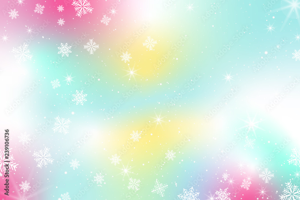 Pastel Snow Flake Glow Star Vector Background. Colorful Sky Holographic Cloud Rainbow Christmas New Year Celebration Illustration