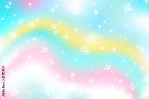 Pastel Snow Flake Glow Star Vector Background. Colorful Sky Holographic Cloud Rainbow Christmas New Year Celebration Illustration