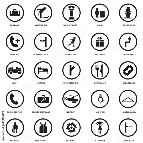 Set Of 25 icons such as Side road, Radiation, Recycle, Life Jacket, Business, Curves ahead, Restaurant, Heliport, Phone service, Add call, Watch Tower, Jumping Ski icon