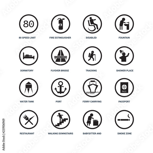 Set Of 16 icons such as Smoke zone, Babysitter and child, Walking downstairs, Restaurant, Passport, 80 Speed Limit, Dormitory, Water Tank, Tracking icon