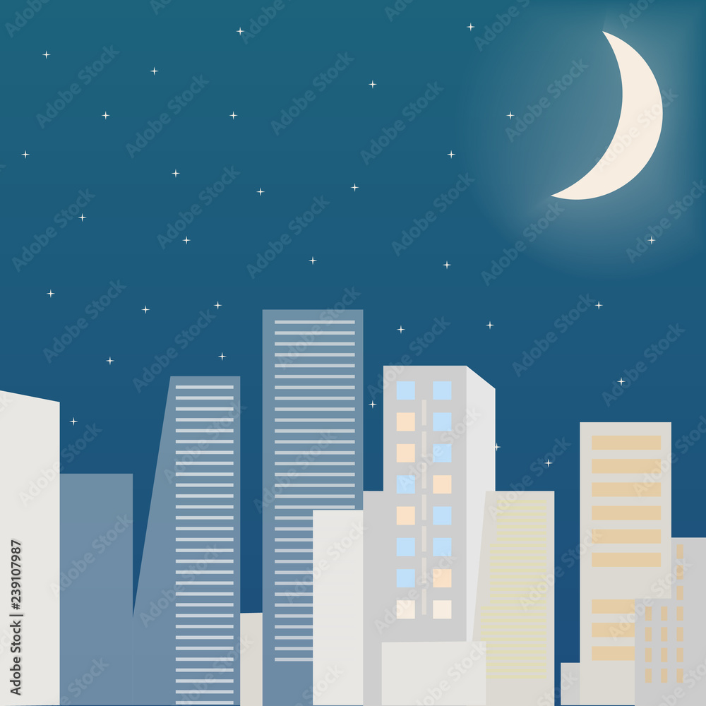 City Scape at Night. Flat vector illustration.